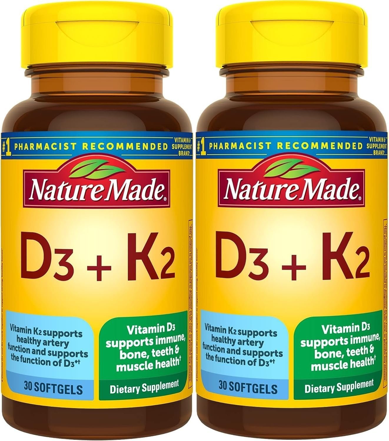 Nature Made Vitamin D3 K2, 5000 IU (125 mcg) Vitamin D, Dietary Supplement for Bone, Teeth, Muscle and Immune Health Support, 30 Softgels, 30 Day Supply – Pack of 2