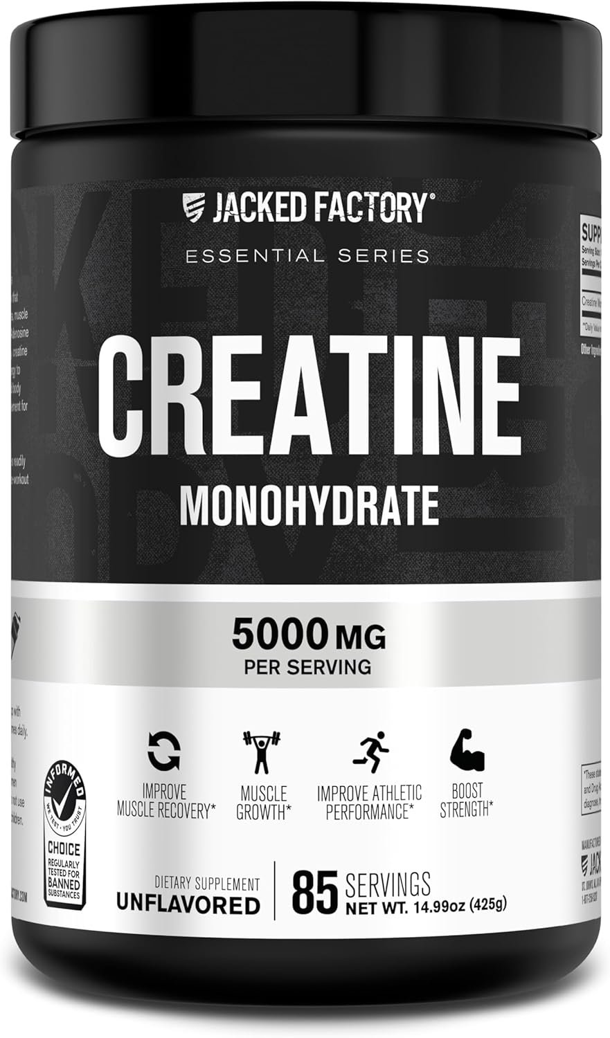 Jacked Factory Creatine Monohydrate Powder 425g – 5g Daily Micronized Creatine Monohydrate for Men and Women, Vegan-Friendly, Third-Party Tested – 85 Servings, Unflavored