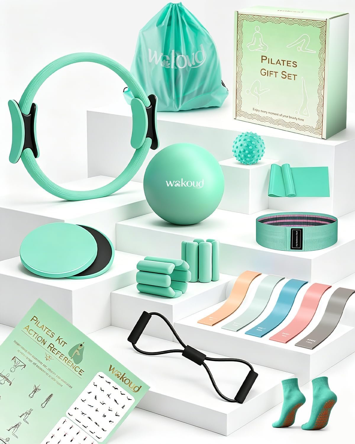 20 PCS Pilates Kit, Pilates Equipment Set- Pilates Accessories Kit with Wrist Weights, Pilates Ring and Ball, Resistance Bands, Core Sliders, Socks, Pilates Gift Box,Home Pilates Workout Kit for Women