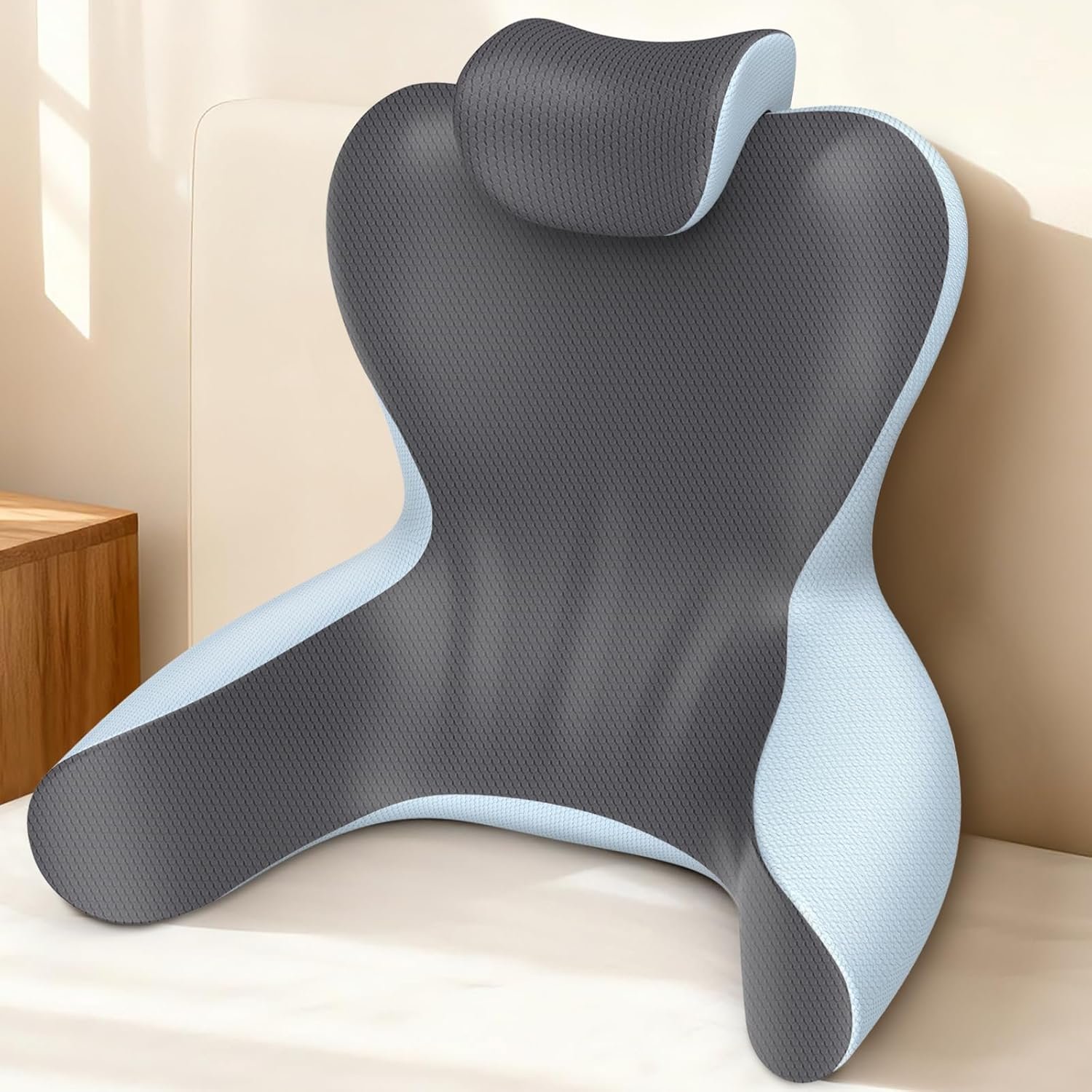 Reading Pillow for Sitting in Bed,22″ H Back Support Pillow for Sitting up,Back Rest & Lumbar Support Pillows with Arms, Bed Rest Chair Cushion,Chaise Lounges Reclining,Gaming,Work,Resting(Grey&Blue)