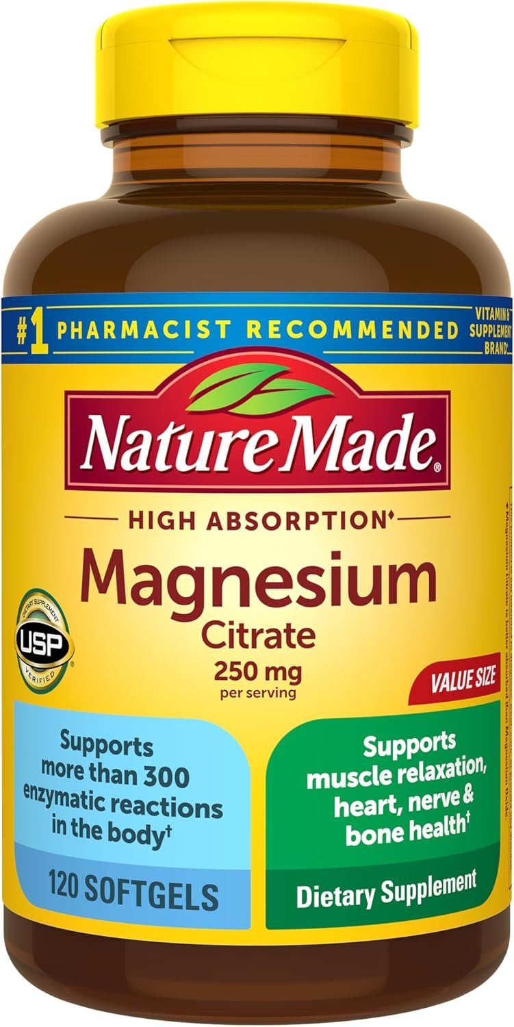 Nature Made Magnesium Citrate 250 mg per Serving, 120 Softgels | High Absorption Magnesium Supplements for Men and Women, Support for Muscle, Nerve, Bone and Heart, 60 Day Supply