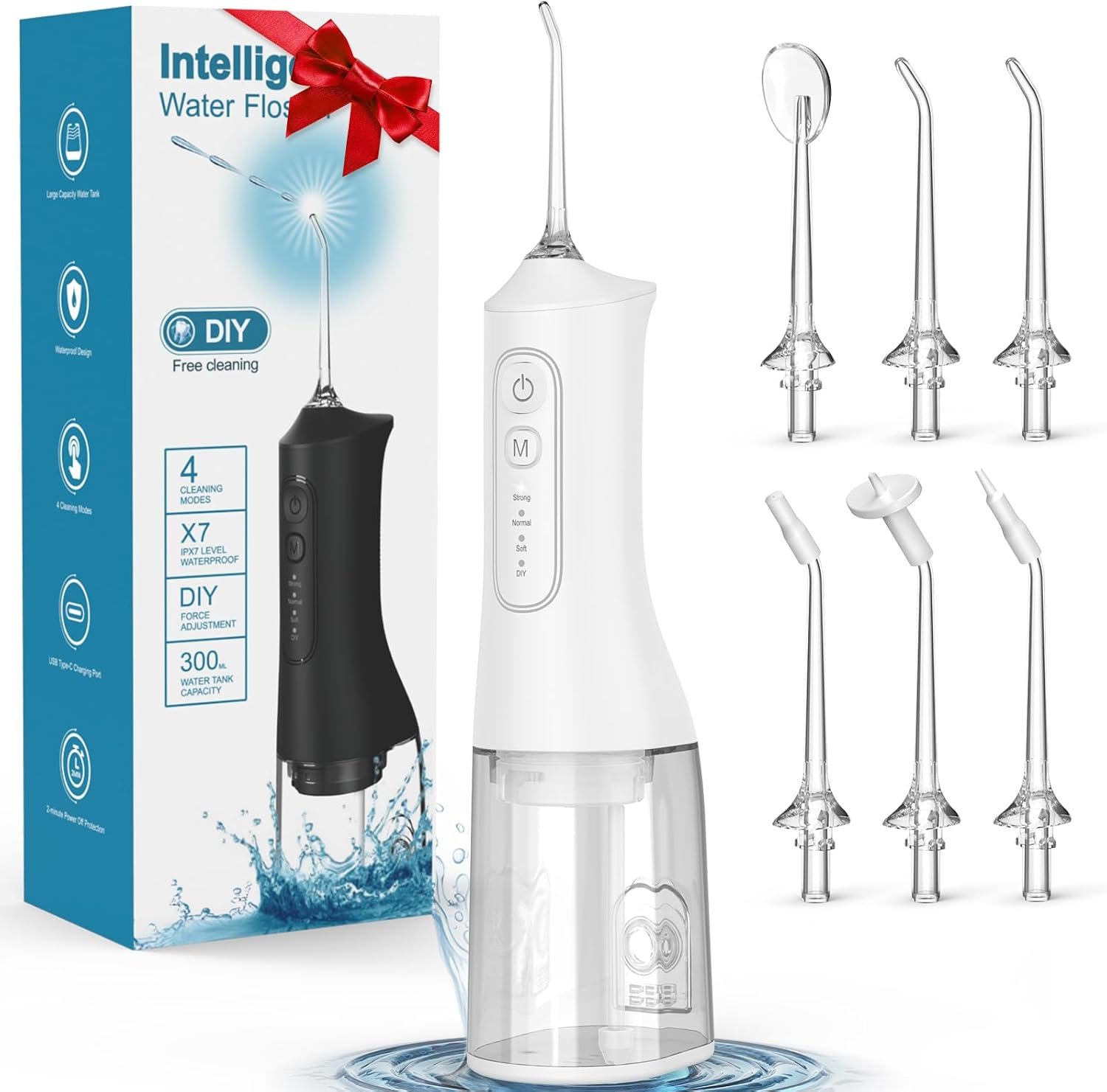 Water Flosser for Teeth, Cordless Portable Oral Irrigator with 300ML Tank, 4 Modes, 6 Jet Tips, IPX7 Waterproof Rechargeable Dental Flosser for Braces, Gum Care, Home & Travel, White