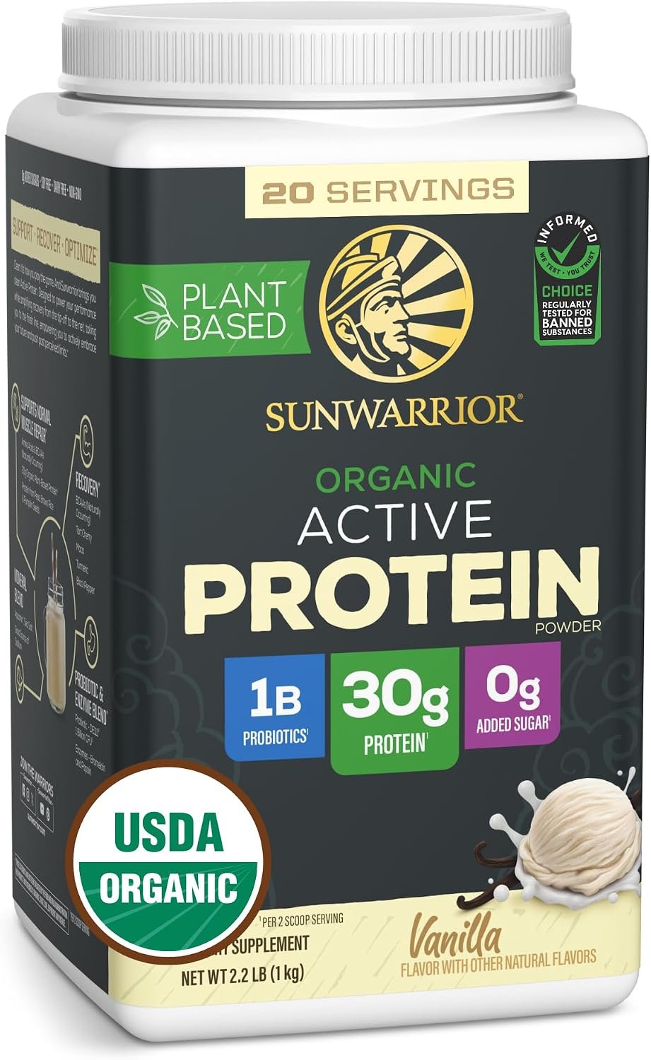 Sunwarrior Organic Plant Based Protein Powder, Vegan, Vanilla, 20 Servings