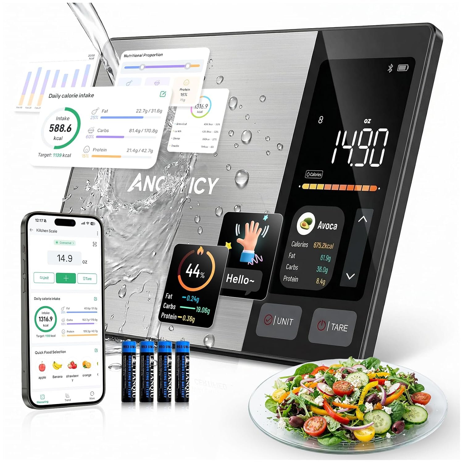 Smart Food Scale with Nutritional Calculator, Free APP with 24 Nutrients | Supports Tracking Calories, Macro – Stainless Steel Digital Food Scale for Meal Prep Weight Loss, Grams/Ounces, 11lb Capacity
