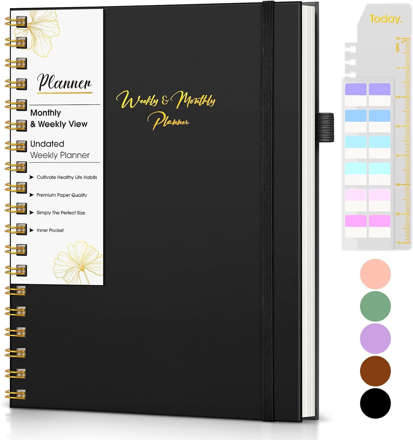 Undated Weekly and Monthly Planner, B5 Large Weekly To Do List Notebook with Goal & Habit Tracker Organizer, Hardcover Spiral Bound Blank Monthly Planner for Work School Home 7.4″ x 9.64″ Black
