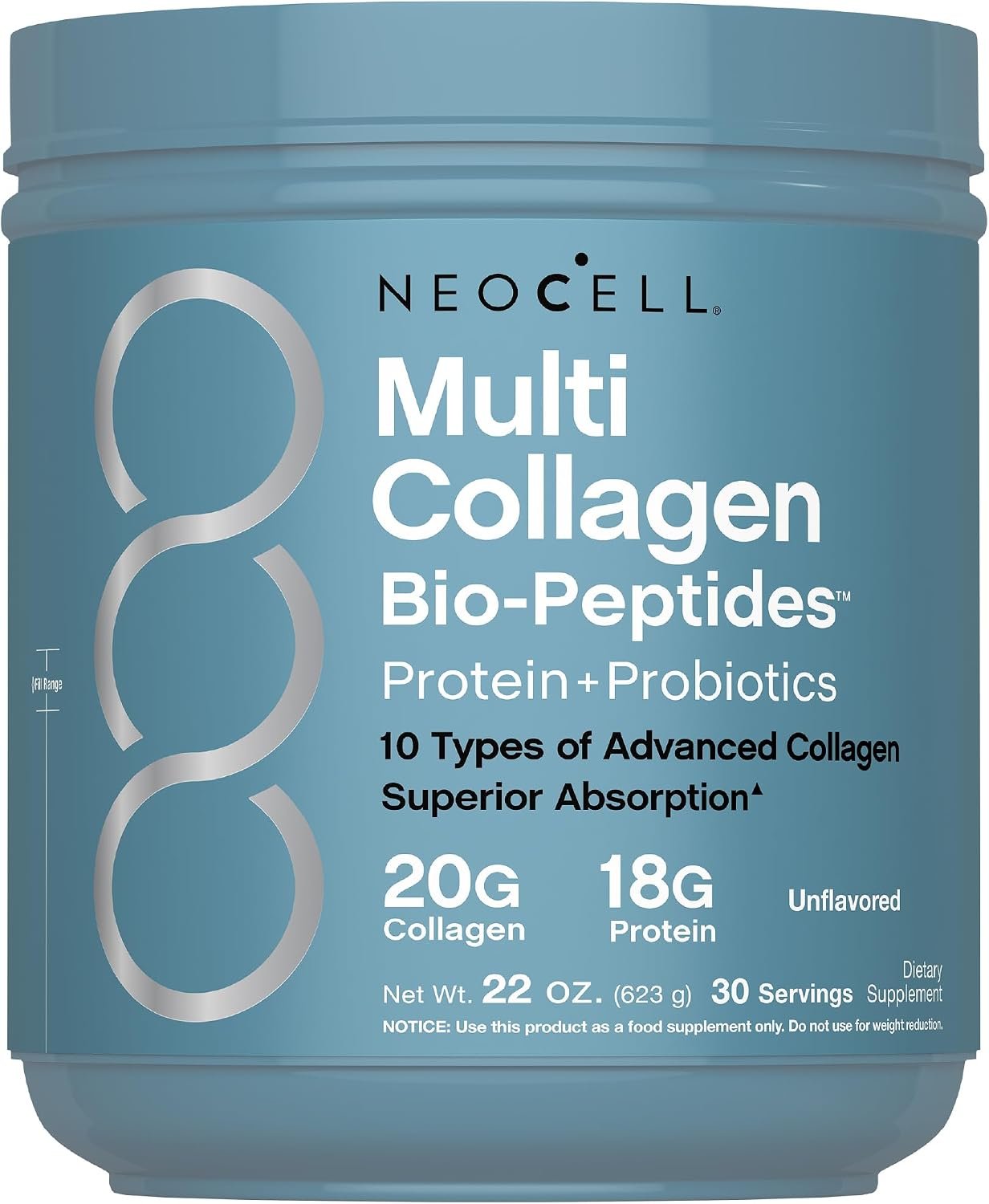 NeoCell Multi Collagen Bio-Peptides Powder | 22oz | Advanced with Hyaluronic Acid and Vitamin C | 10 Super Types of Collagen | Superior Absorption | Grassfed Protein Supplement