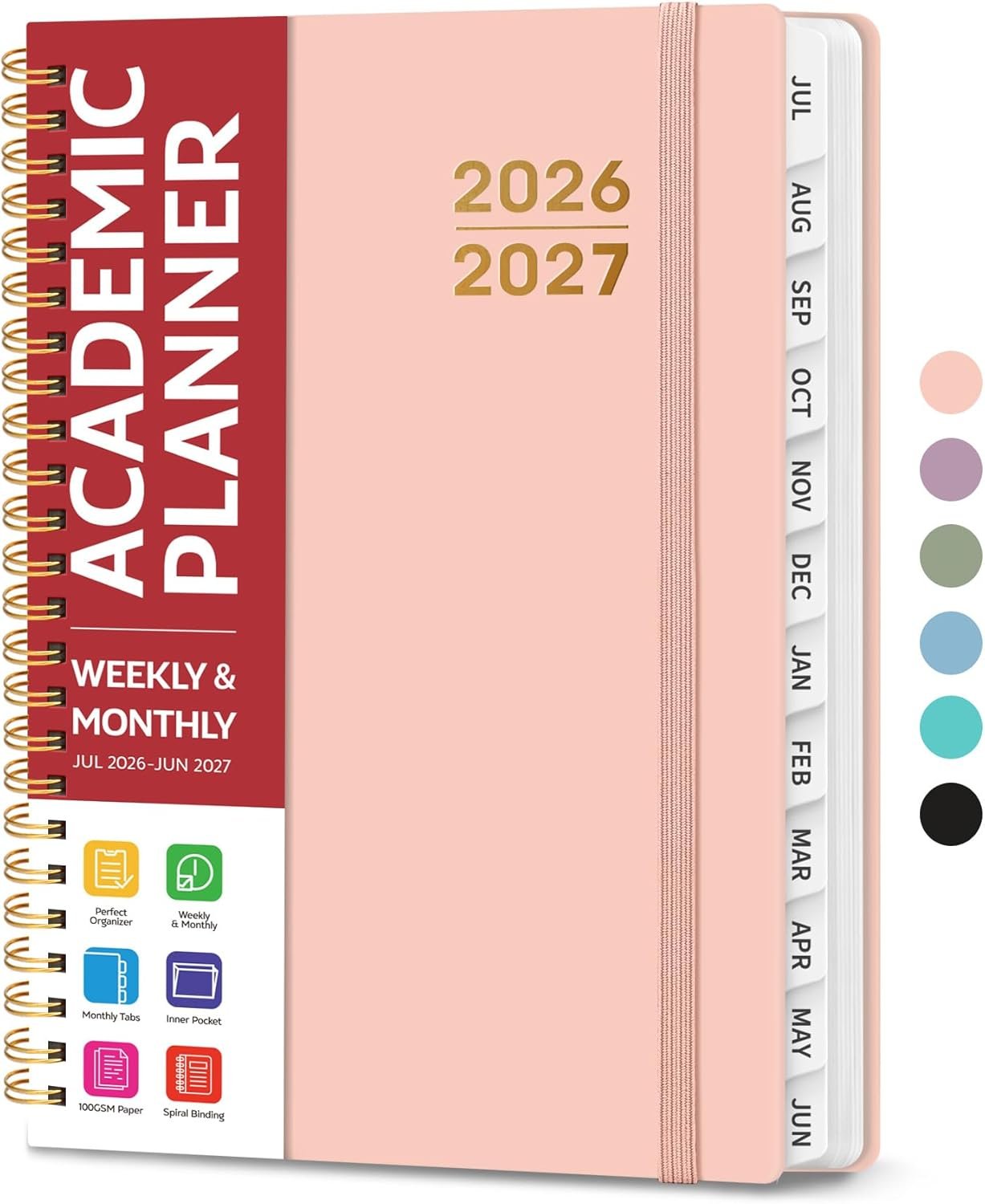 Planner 2026-2027, Jul 2026-Jun 2027 Monthly & Weekly Calendar Book | 6.3″ x 8.5″, Hardcover Academic Calendar with Tabs, Teacher Student Agenda Book for School Office Supplies – Pink