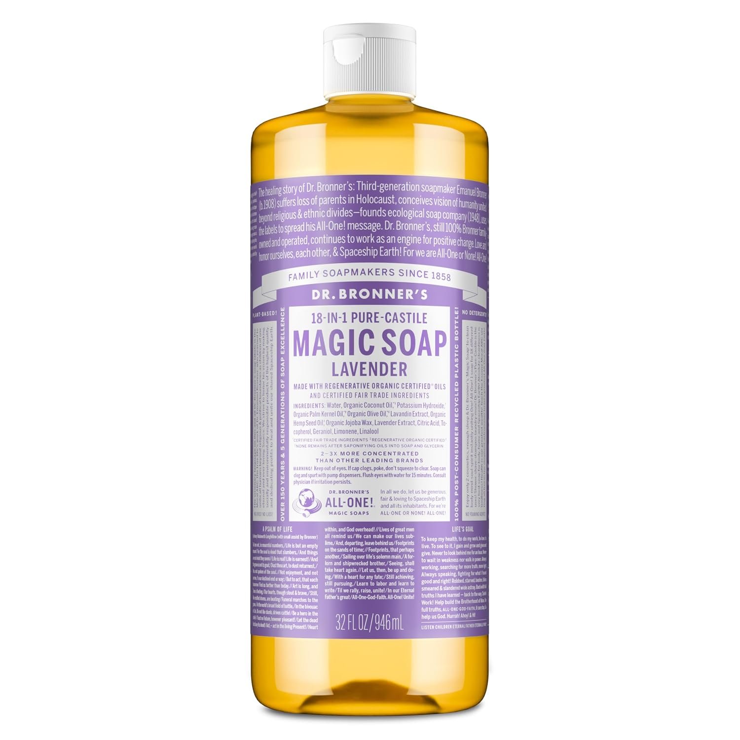 Dr. Bronner’s Pure-Castile Liquid Soap, Made with Organic Oils, 18-in-1 Uses: Face, Body, Hair, Laundry, Pets and Dishes, Concentrated, Vegan, Non-GMO, Lavender, 32 Oz | 18-in-1 Uses: Body Wash & Hand Soap for Men and Women, Shampoo, Face, Laundry, Floors, Cars, Pets – Fair Trade & Organic Oils