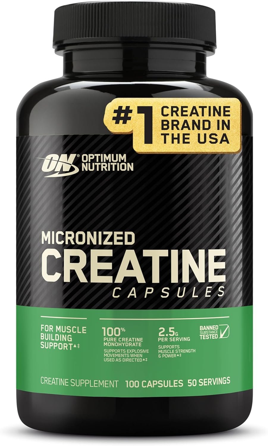 Optimum Nutrition Creatine, Micronized Creatine Monohydrate Capsules, Supports Strength & Recovery, Banned Substance Tested, 2.5g per Serving, 50 Servings, 100 Count | Micronized Creatine Monohydrate Capsules, Easy to Swallow, Keto Friendly, Supports Muscle Building, Strength & Performance