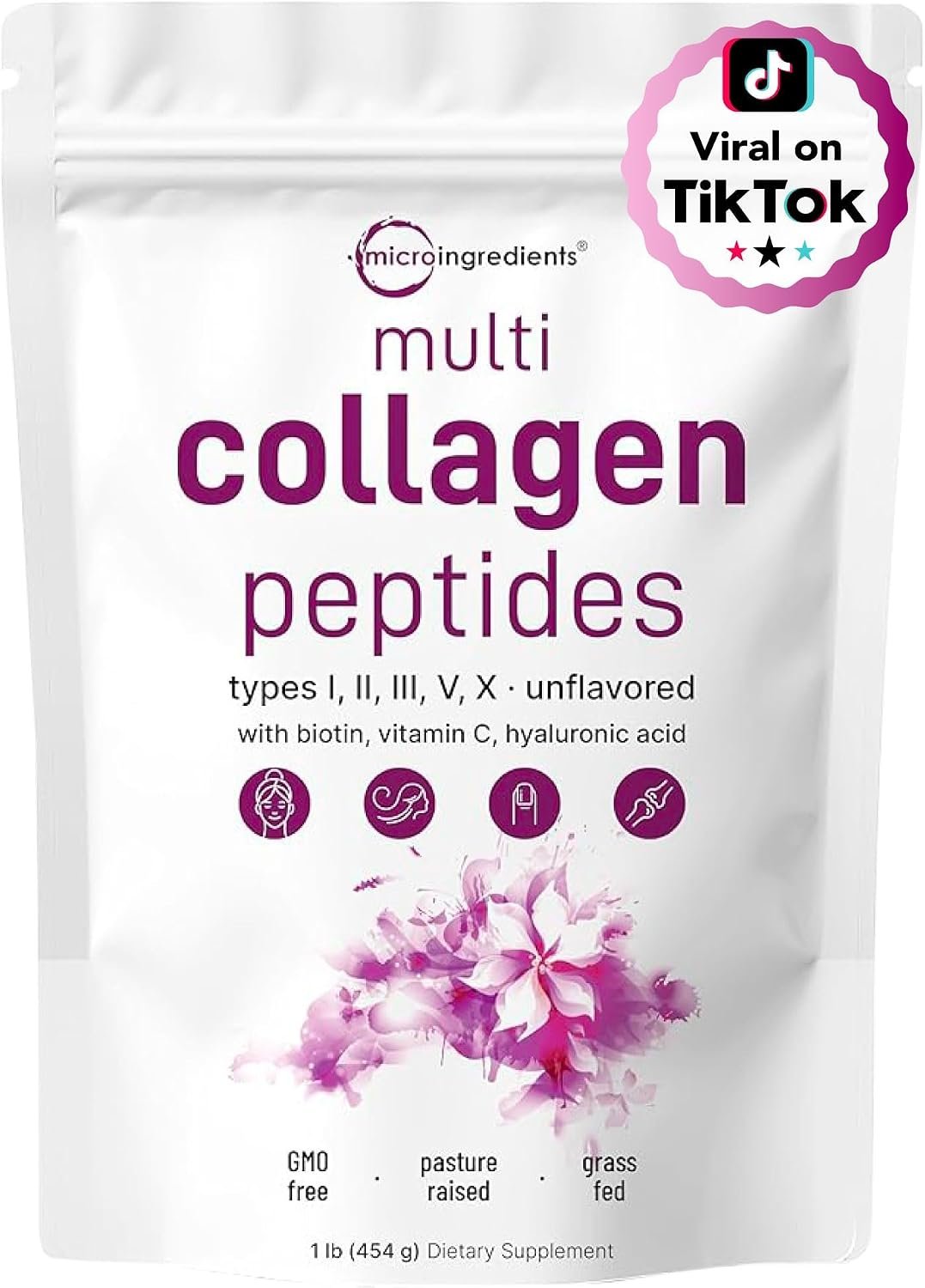 Micro Ingredients Multi Collagen Peptides Powder, 1lb (41 Servings) | Hydrolyzed Type I, II, III, V, X with Biotin, Hyaluronic Acid & Vitamin C. Unflavored Collagen for Women & Men, Easy Dissolve