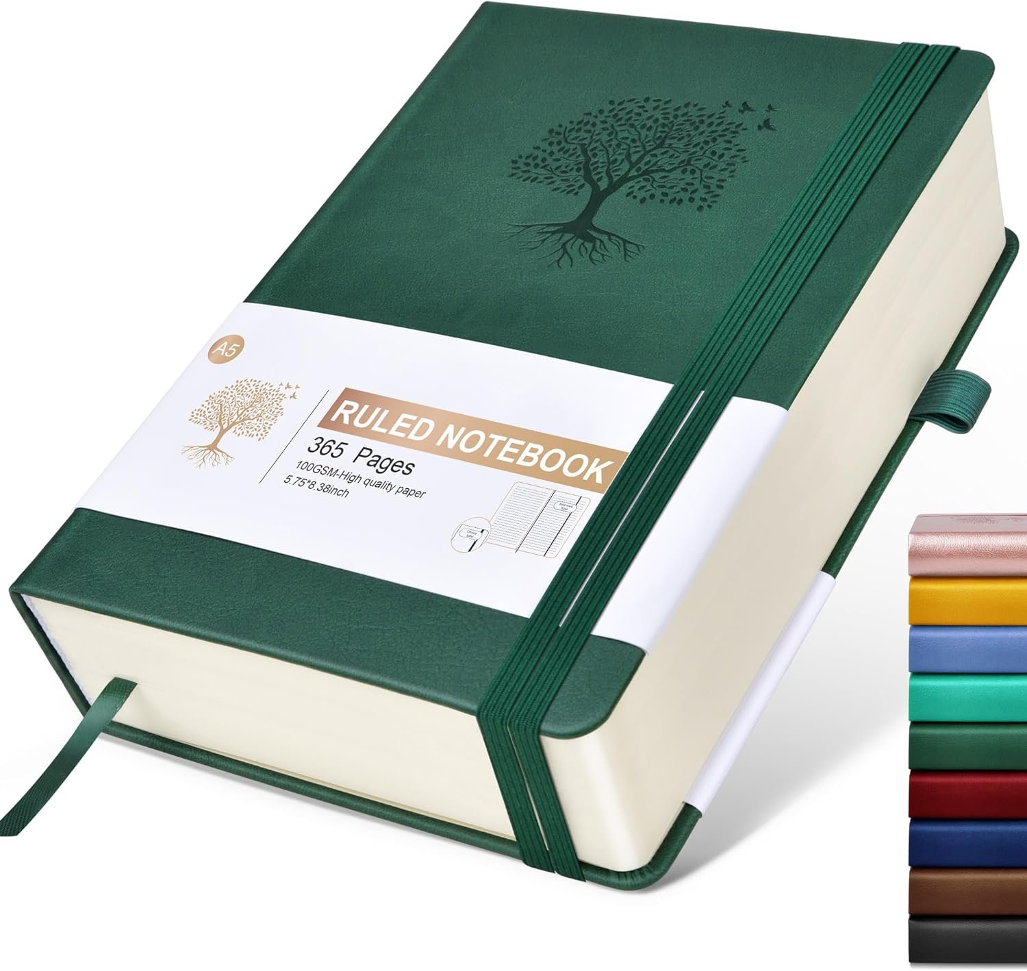 Lined Journal Notebook -365 Pages A5 Thick Journals for Writing Ruled Notebook, Hardcover Leather Journal for Women Men Daily Journal Notebook for Work, Note Taking, 100Gsm Lined Paper( 5.75” X 8.38” Green)