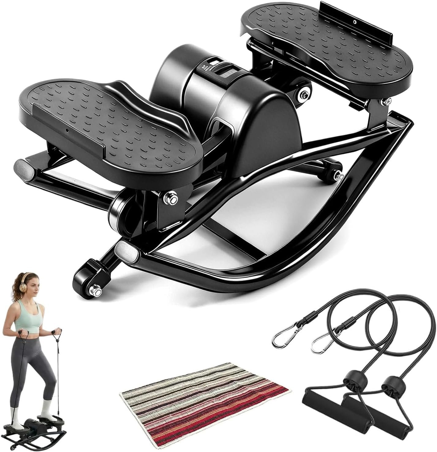 Rocking Stepper for Exercise at Home Portable Lateral Rock Stepper from Side to Side with Resistant Bands and Non-Slip Mat – Black