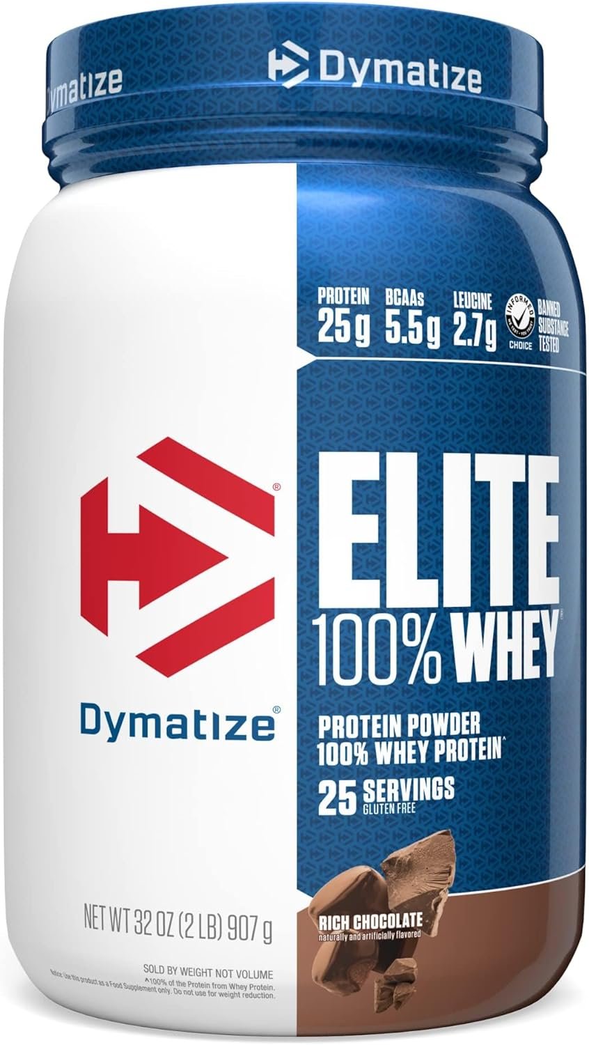 Dymatize Elite 100% Whey Protein Powder, Chocolate, 25g of Protein, 5.5g BCAAs, Less Than 140 Cal., Gluten Free, 3g Carb, 2g Sugar, 3g Fat (25 Servings)