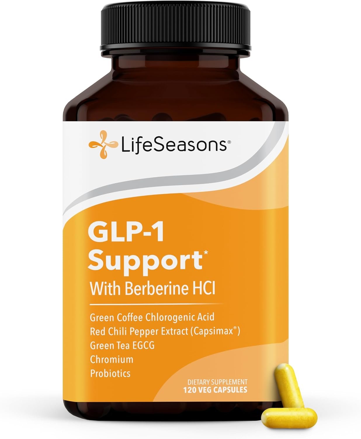 LifeSeasons GLP-1 Support Supplement – Appetite Control, Weight Management, Metabolism Booster with Berberine, Chromium, EGCG, Green Coffee Bean & Red Chili Peppers – 120 Capsules