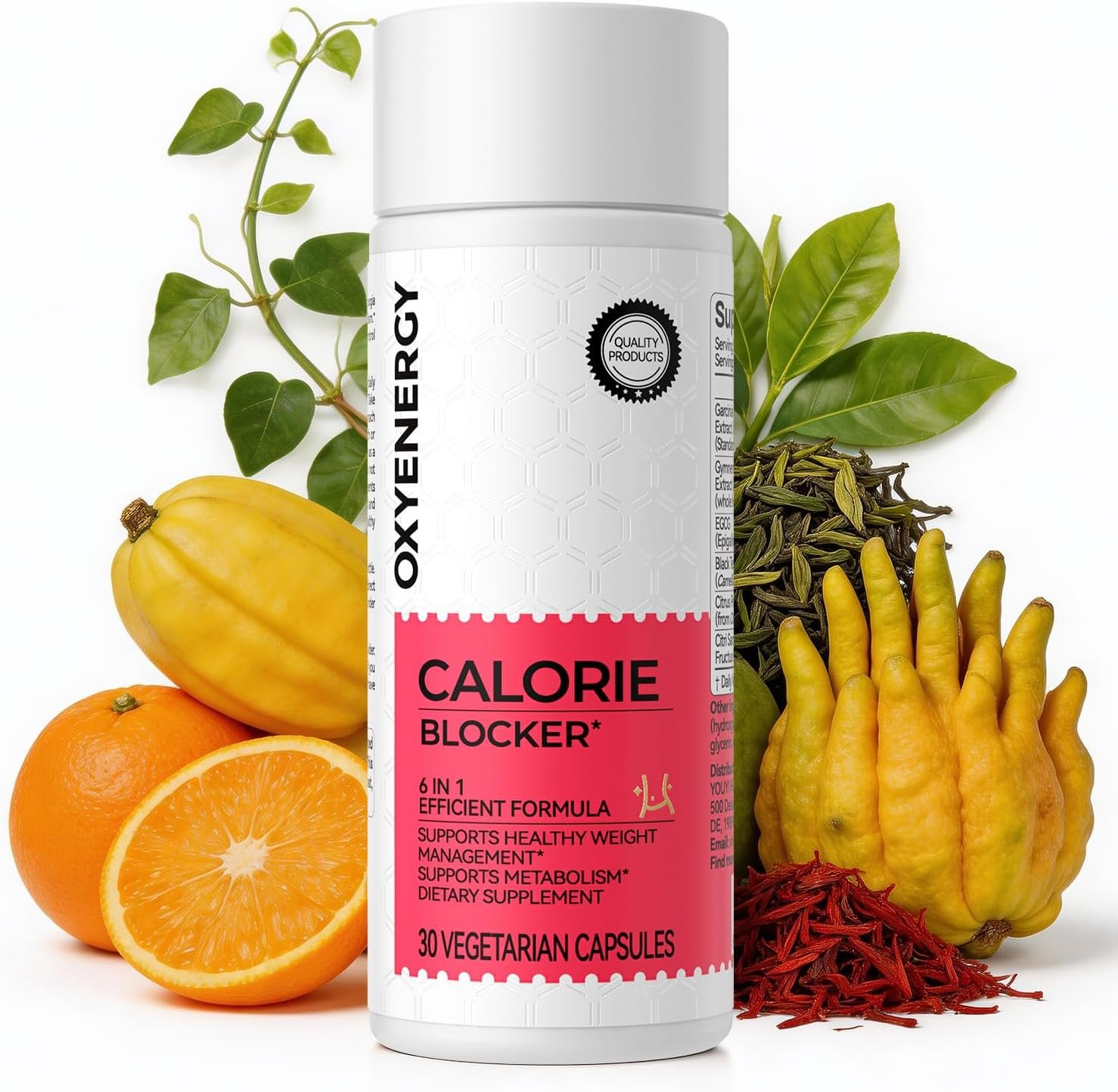 OxyEnergy Calorie Blocker 6-in-1 Natural Weight Loss Supplement for Women | Boosts Metabolism, Suppresses Fat Synthesis & Appetite ，Daily Supplement with Garcinia Cambogia, Bergamot, 30 Capsules