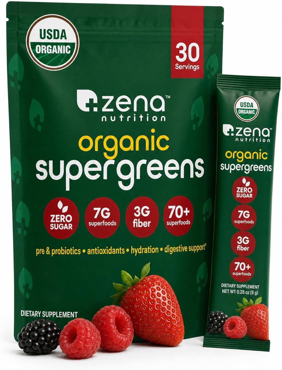 Organic Super Greens Powder, 70+ Superfoods, 0 Sugar, 3g Fiber, Spirulina, Chlorella, Mushrooms, Prebiotics/Probiotics, Digestive Enzymes, Gut Health, Mixed Berry, 30 Drink Mix Packets