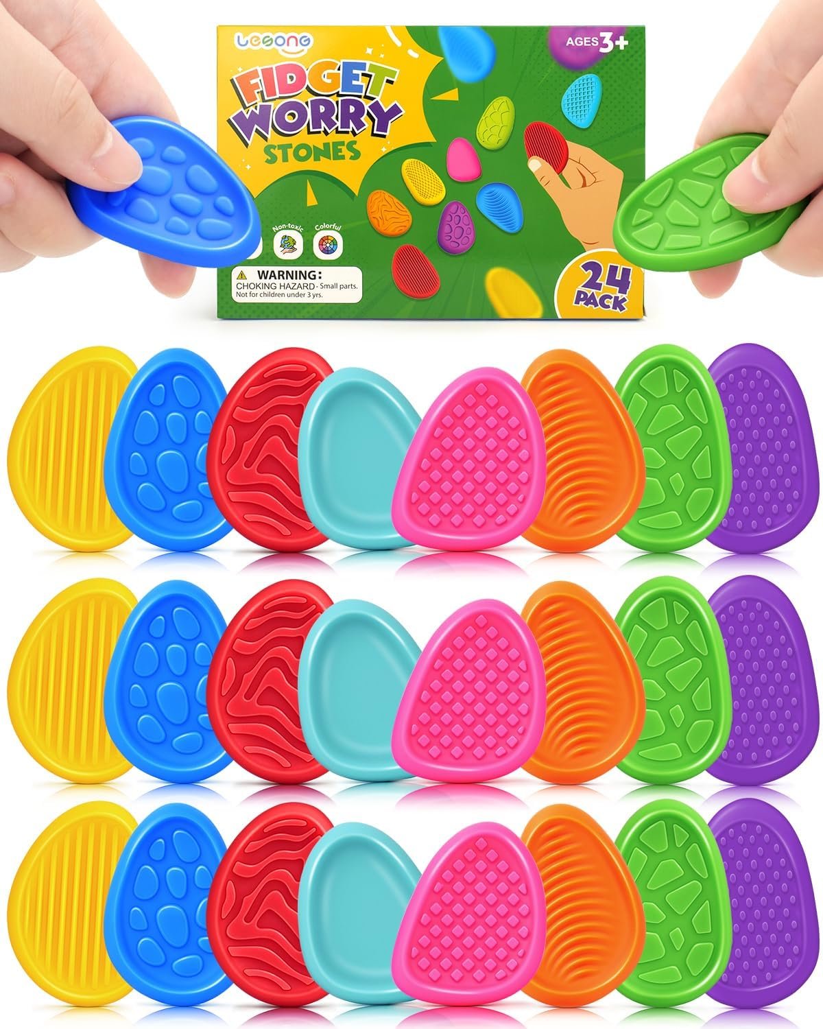 LESONG Fidget Toys Bulk for Kids: 24 Pack Textured Worry Stones | Bulk Fidgets for Classroom Prizes Goodie Bag Stuffers – Quiet ADHD Tools for Autism – Teacher Supplies for Classroom