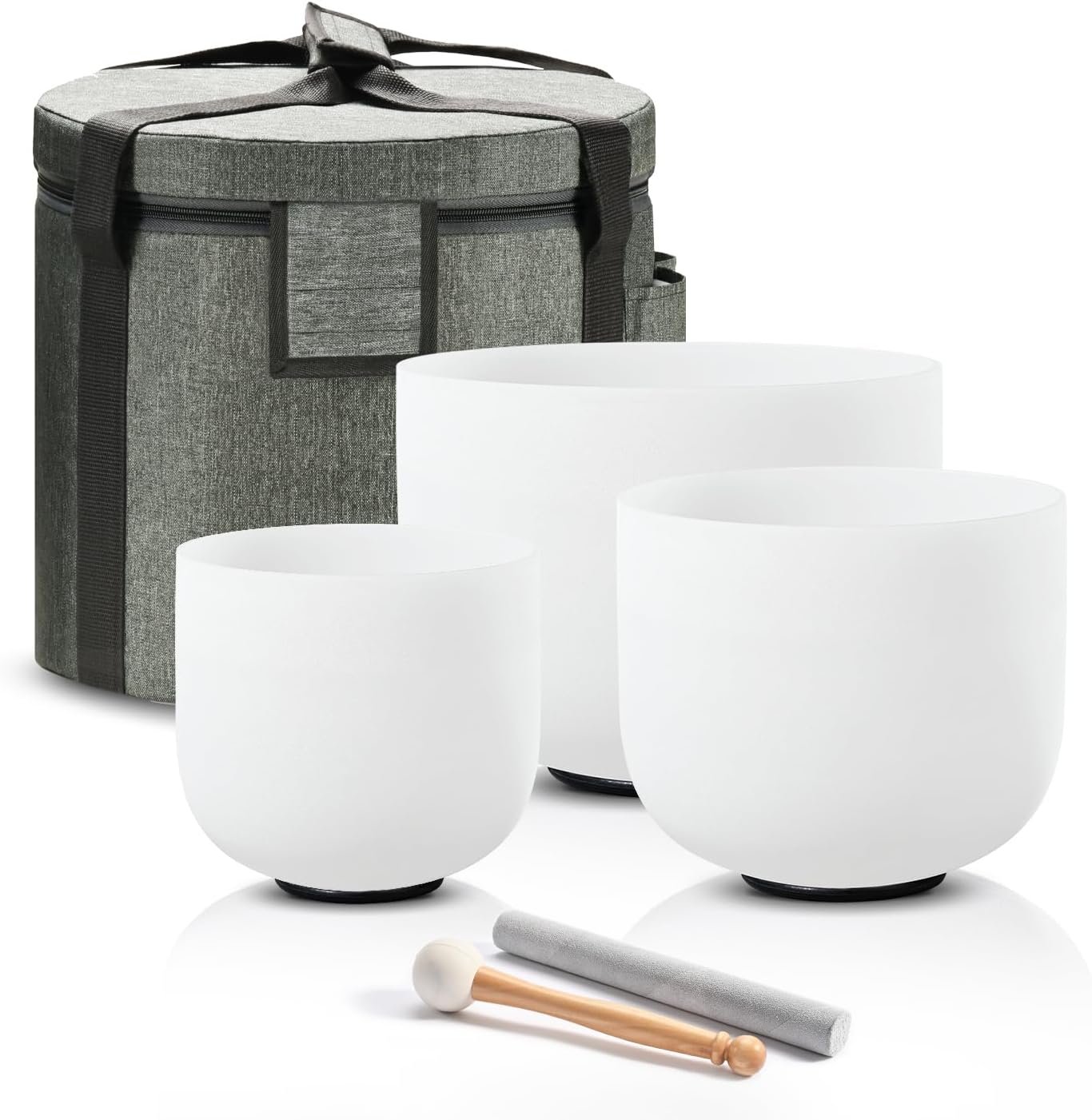 CVNC CRYSTAL SINGING BOWLS SET of 3 432HZ 6″A 7″C 8″F | Frosted White Quartz Chakra Set of 3 with Carry Case Bag for Sound Healing Yoga and Meditation