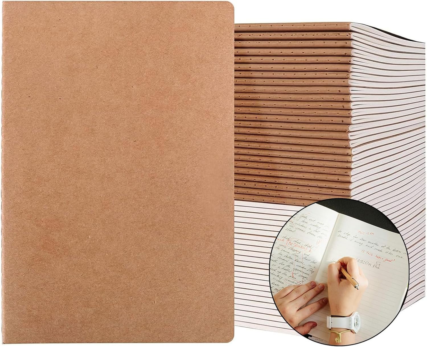 50 Pack A5 Lined Kraft Notebook Journals 8.3×5.5 In，Travel Journals Notebooks Bulk，Subject Notebooks 34 Sheets 68 Pages for Writing School Office Supplies (Lined-50 Pack)