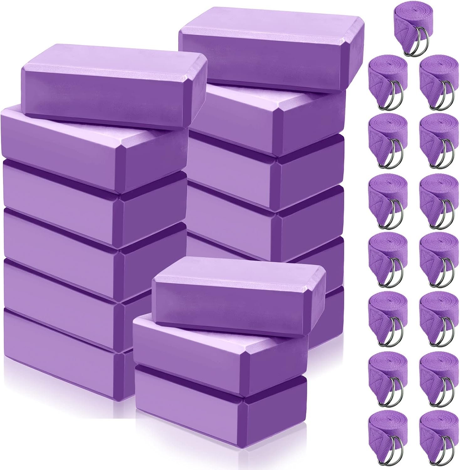 Wettarn 15 Pack Yoga Blocks and Straps Set for Stretching | 15 Yoga Blocks with 15 Metal D-ring Straps for Studio, School, Gym and Group Stretching; EVA Foam Blocks, 9 x 6 x 3 in
