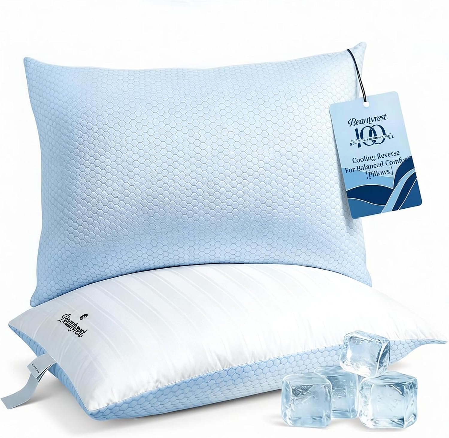 Beautyrest Hotel Pillows Luxury Cooling Queen Size Set of 2 Soft Medium | 500 Thread Count Bed Pillows, 100% Cotton Cover Damask Stripe Embroidered Cover, Down Alternative