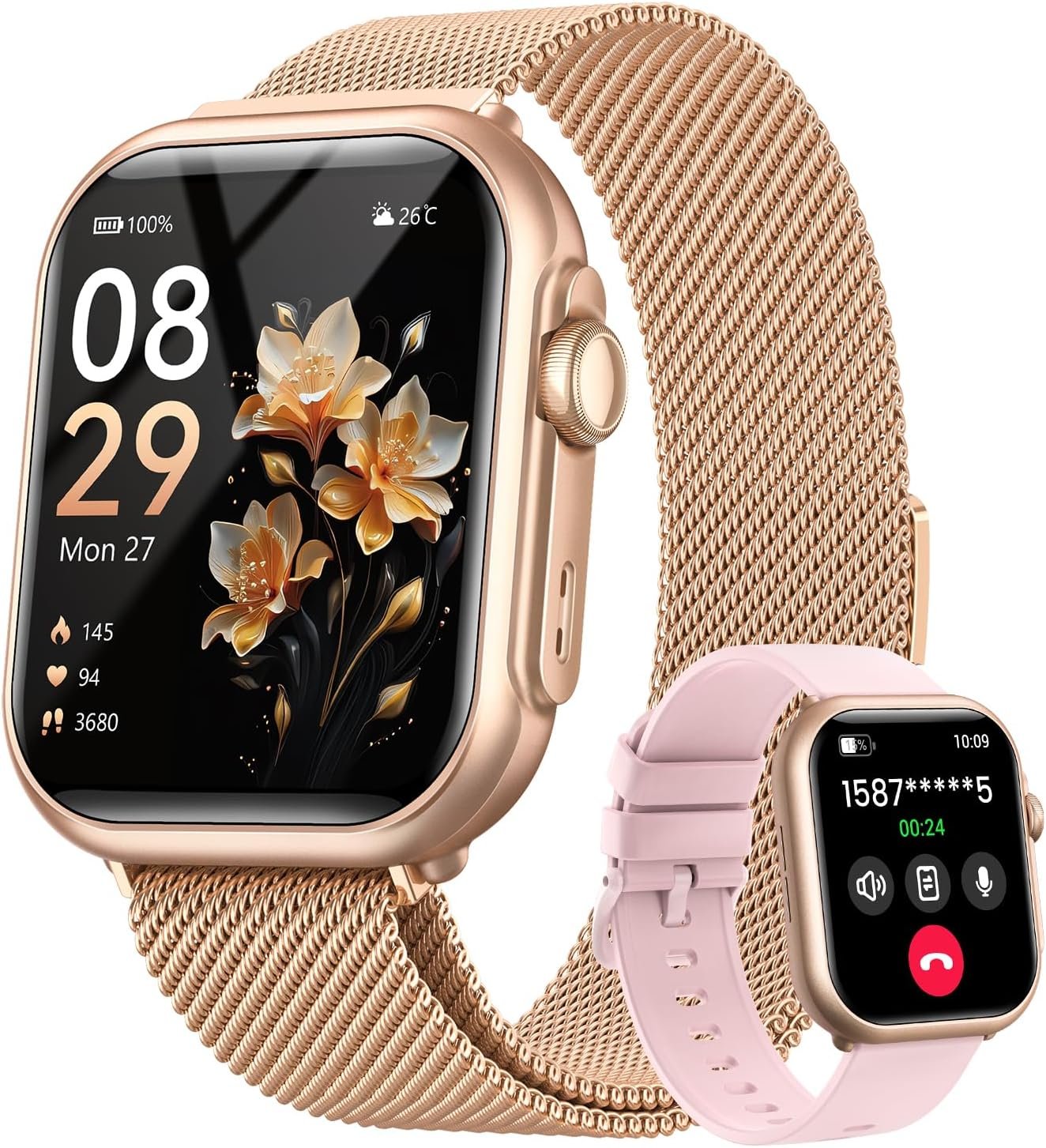 Smart Watches for Women,1.85″ HD Smartwatch Fitness Trackers, with 2 Bands | 100+ Sports Mode/1000mAh Battery/Compatible iPhone or Android/Heart Rate/Sleep/Health Monitor/Answer/Make Call