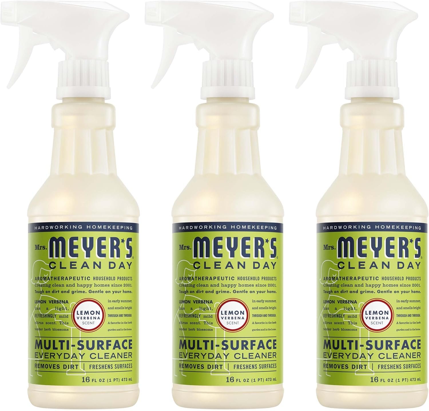 MRS. MEYER’S CLEAN DAY Cleaner Spray, Lemon Verbena, 16 fl oz, 3 Pack | Removes Dirt and Freshens Surfaces, Multi-Surface, Everyday Use, All-Purpose Cleaner, Cruelty Free, Made with Essential Oils