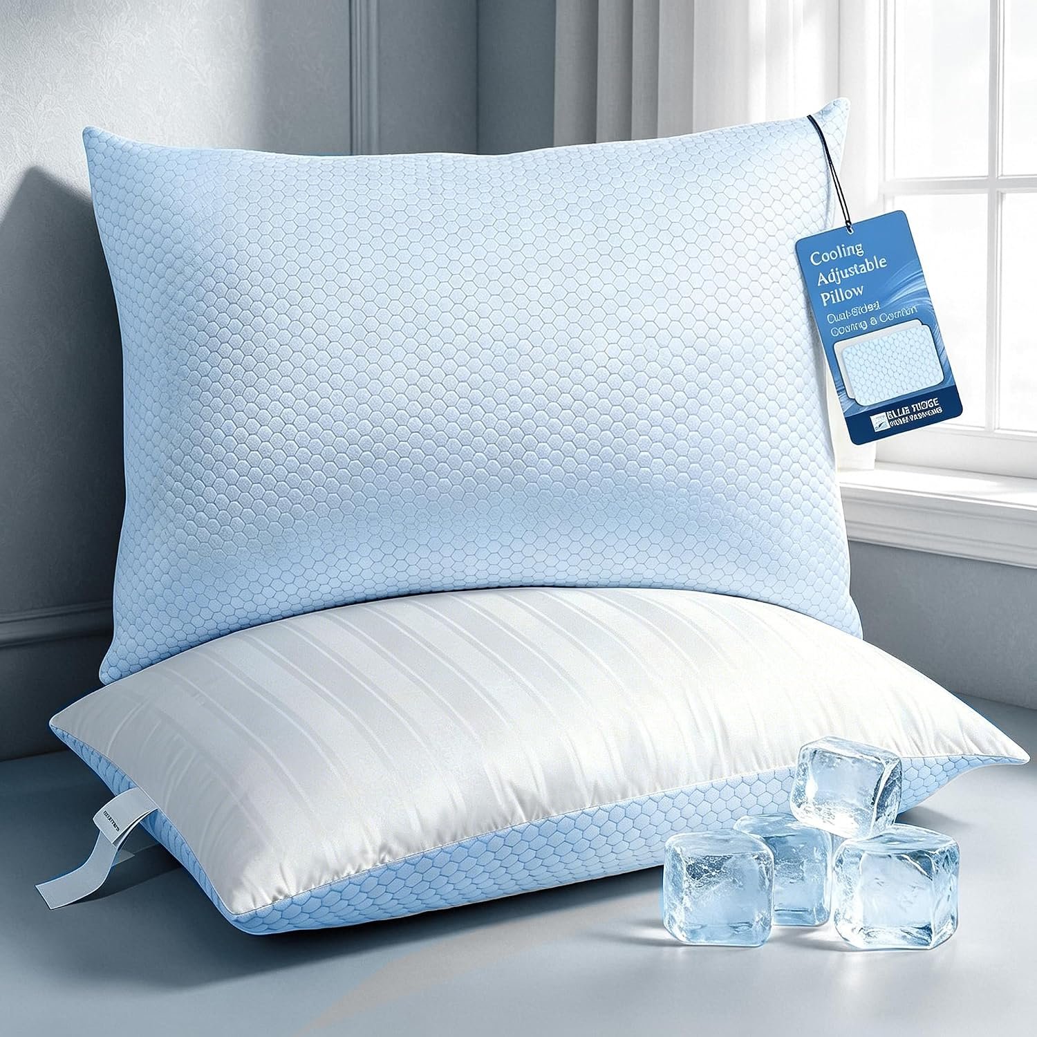 Blue Ridge Home Fashions Luxury Hotel Cooling Pillows Queen Size Set of 2 | Soft Touch firm support 500 Thread Count Damask Stripe Embroidered 100% Cotton Cover, Down Alternative