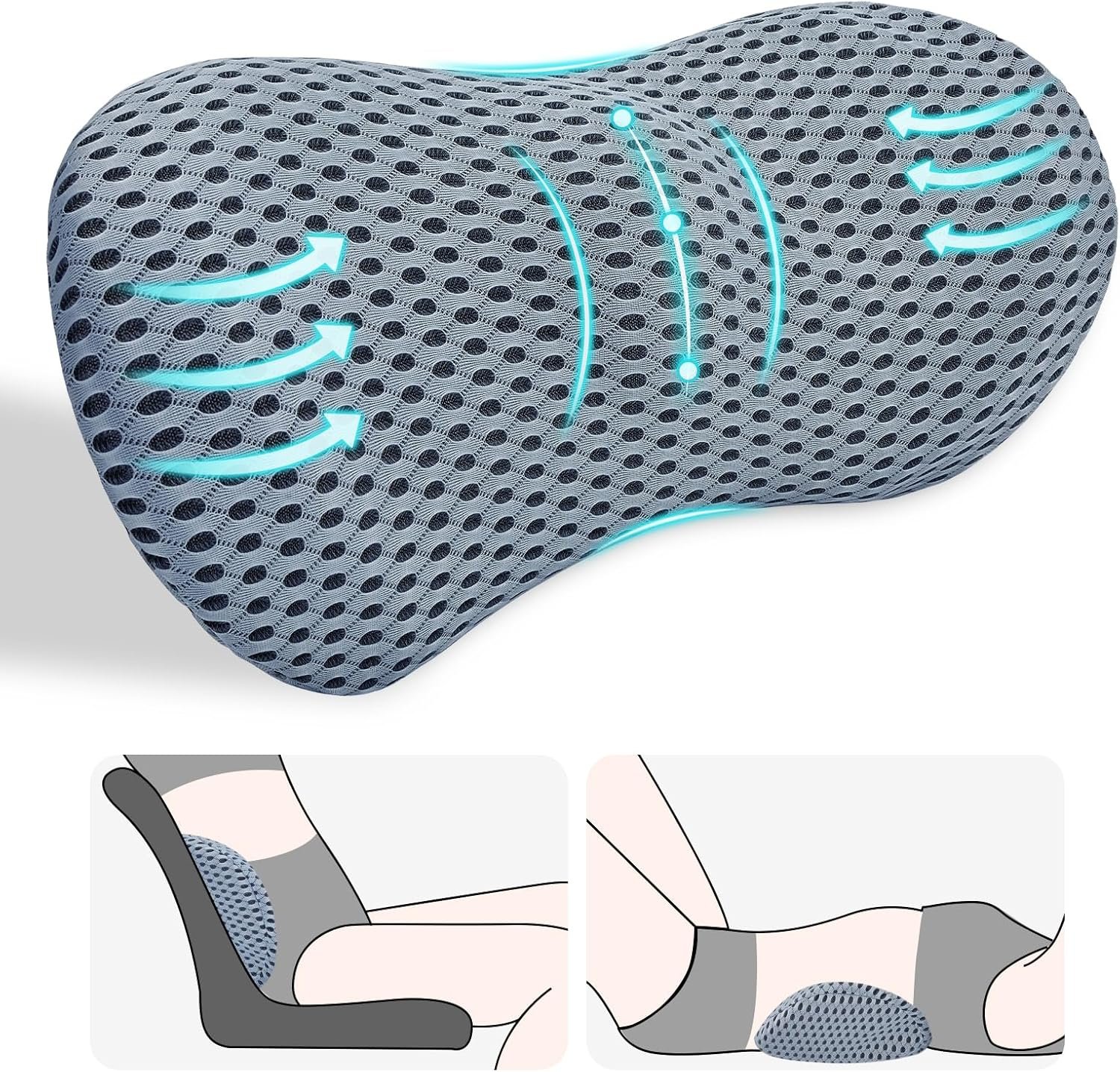 kasney Lumbar Support Pillow for Office Chair, Back Support Pillow, Gray | Memory Foam Lumbar Pillow for Low Back Pain Relief, Ergonomic Streamline Car Seat, Office Chair, Recliner and Bed