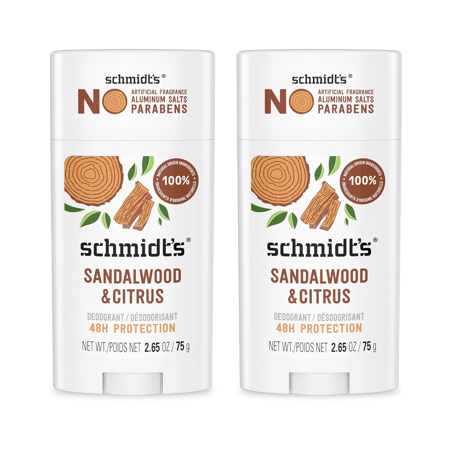 Schmidt’s Aluminum-Free Vegan Deodorant Sandalwood & Citrus 2 Count for Women and Men, with 24 Hour Odor Protection, Natural Ingredients, Cruelty-Free, 2.65 oz