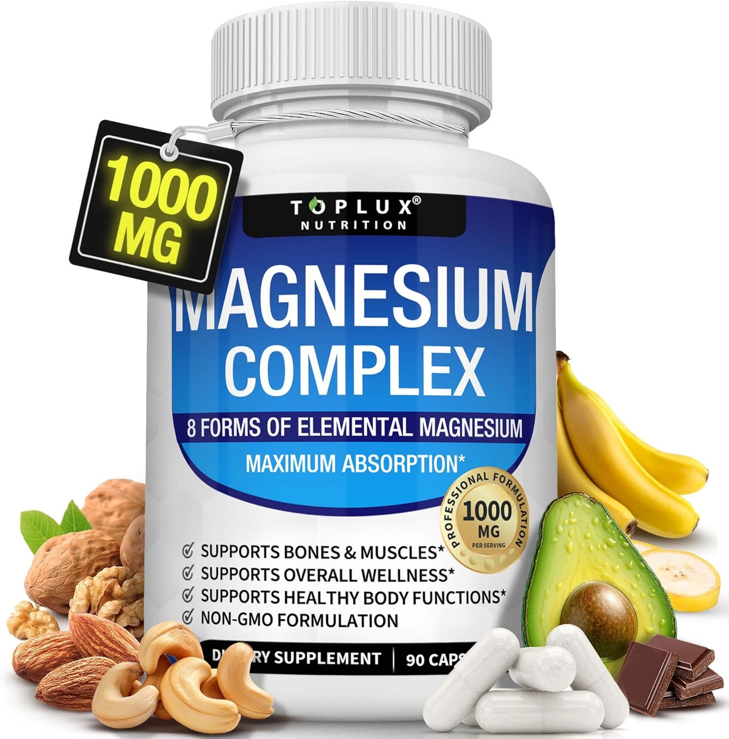 Magnesium Complex Supplement 8 Elemental 1000mg – Magnesium Glycinate, Citrate, Malate, Taurate, Chelated for Easy Absorption for Bones, Muscle, Recovery, Energy, Vegan Non-GMO 90 Capsules