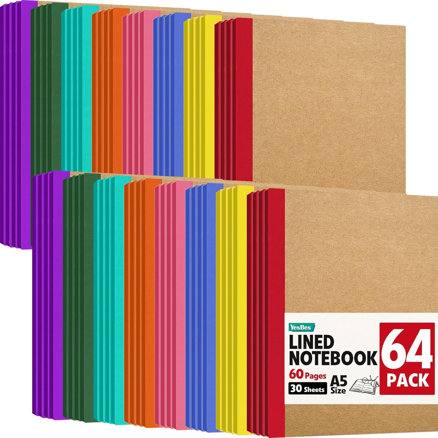 YesBes 64 Pack Composition Notebooks Bulk, A5 Kraft Cover Lined Journaling Notebooks, 8.3”x 5.5” Travel Notebook for School Office Students Artists, 8 Colors 60 Pages