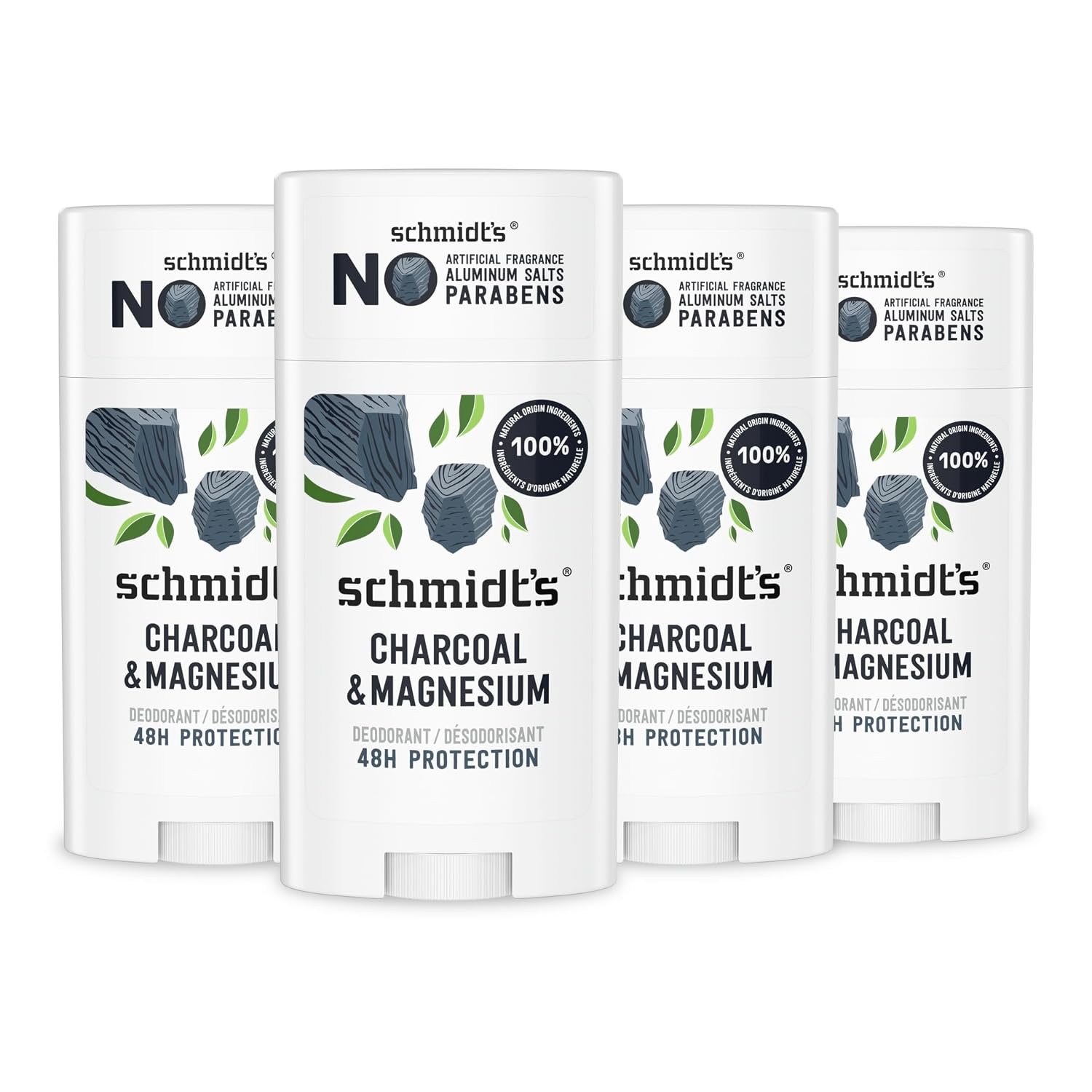 Schmidt’s Aluminum-Free Vegan Deodorant Charcoal & Magnesium with 24 Hour Odor Protection, 4 Count for Women and Men, Natural Ingredients, Cruelty-Free, 2.65 oz
