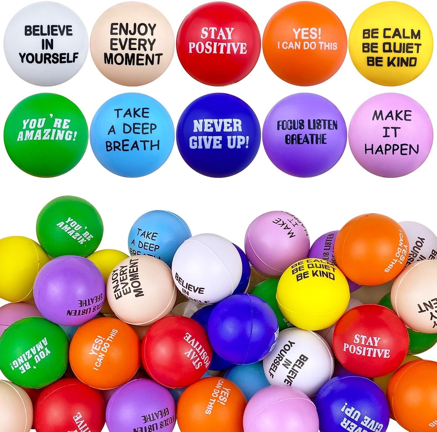 40PCS 1.57in Colorful Inspirational Foam Stress Balls Relief Balls | Motivational Language Hand Exercise Gifts Suitable for Office and Home Use Great for Giving to Family and Friends