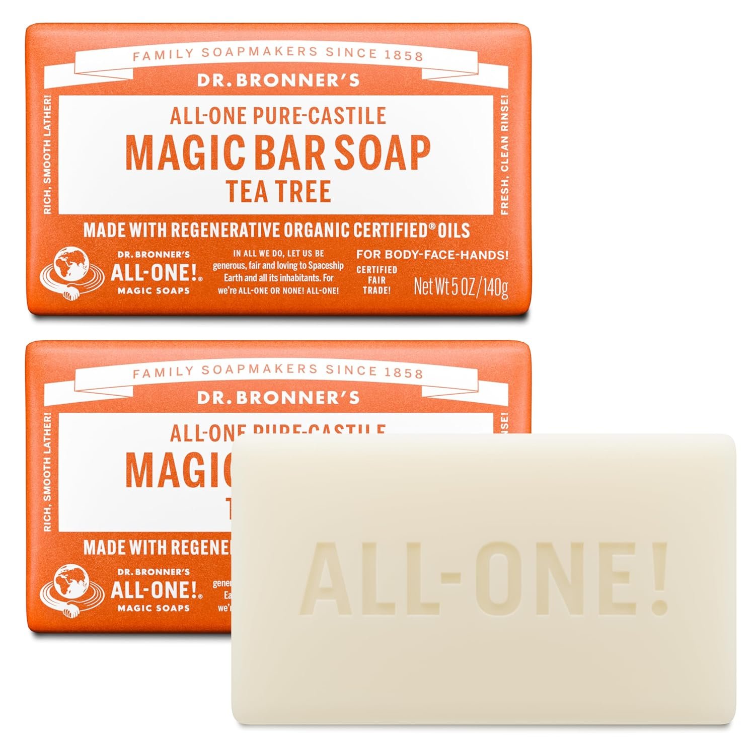 Dr. Bronner’s Pure-Castile Magic Bar Soaps – Made with Regenerative Organic Certified Oils – For Face, Body, Hair- Vegan Soap Bars for Men & Women – Tea Tree, 2 pack, 5 oz