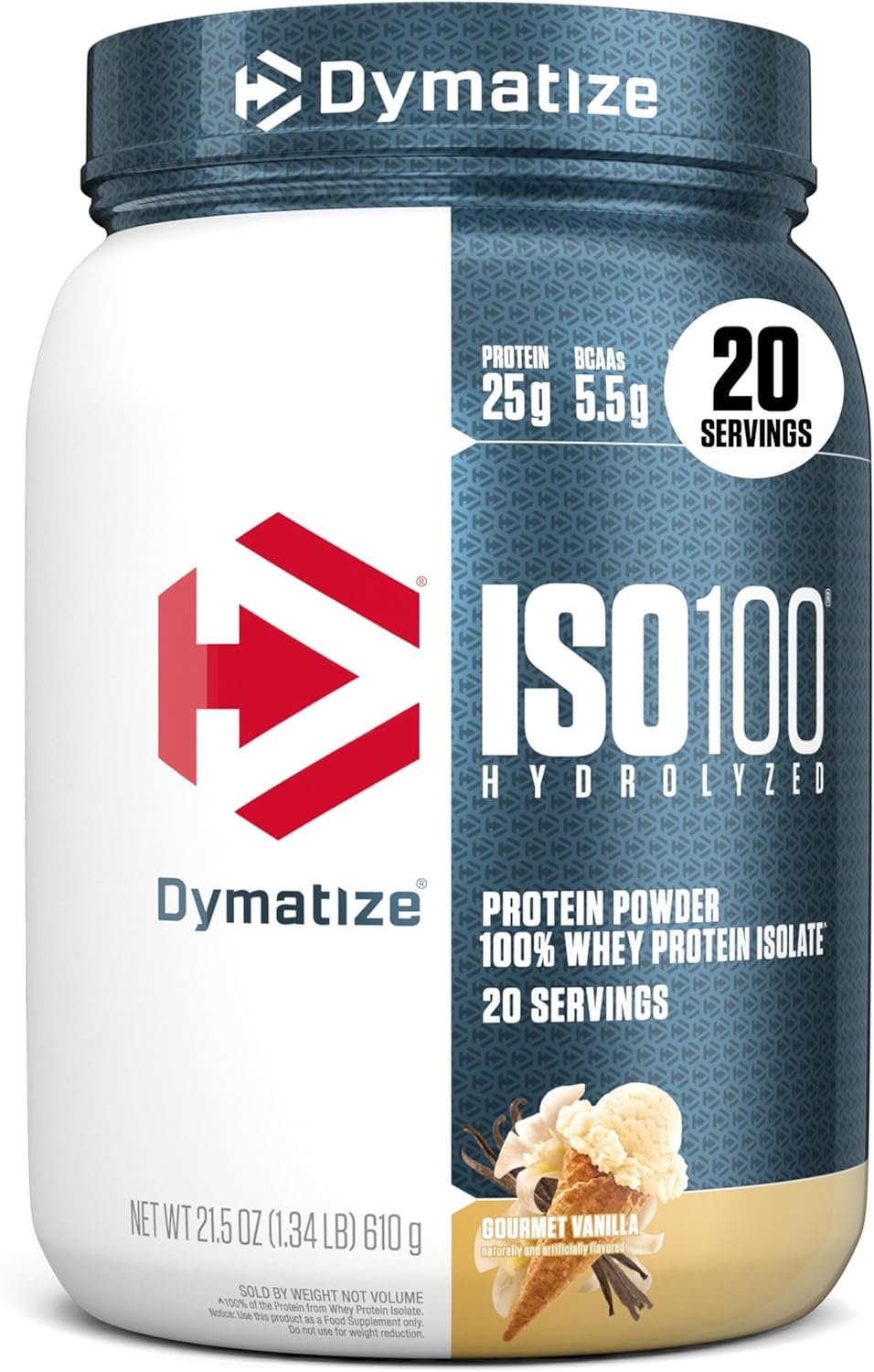 Dymatize ISO100 Protein Powder, 100% Whey Isolate, Gourmet Vanilla | 25g Protein, Hydrolyzed, Fast-Absorbing, Supports Muscle Health, 5.5g BCAAs, Gluten-Free, 20 Servings, 1.3 lb