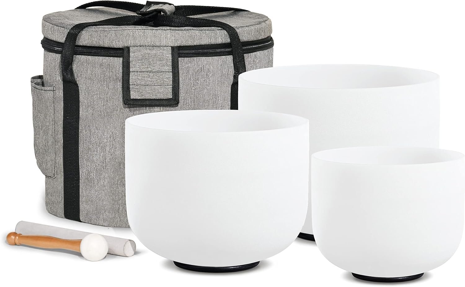 CVNC CRYSTAL SINGING BOWLS SET of 3 440HZ 6″ A 8″ F and 10″ C | Frosted White Quartz Chakra Bowls Set of 3 with Carry Case Bag for Sound Healing Meditation & Yoga