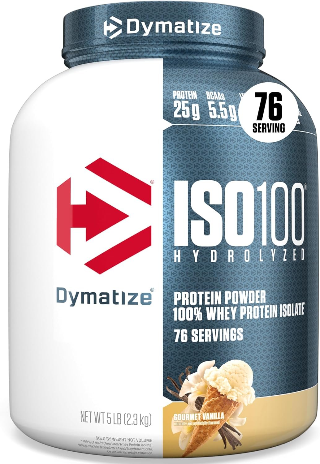 Dymatize ISO100 Protein Powder, 100% Whey Isolate, Gourmet Vanilla | 25g Protein, Hydrolyzed, Fast-Absorbing, Supports Muscle Health, 5.5g BCAAs, Gluten-Free, 76 Servings, 5 lb