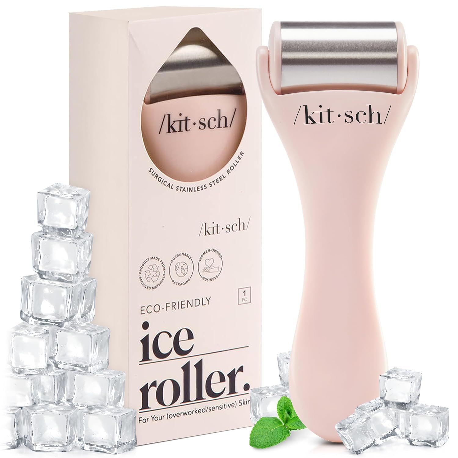 Kitsch Ice Roller for Face – Cooling Face Rollers for Women & Men – Pink | Stainless Steel Ice Face Roller to Reduce Puffiness, Redness & Headaches – Cooling Ice Roller for Face Women for Skin Care