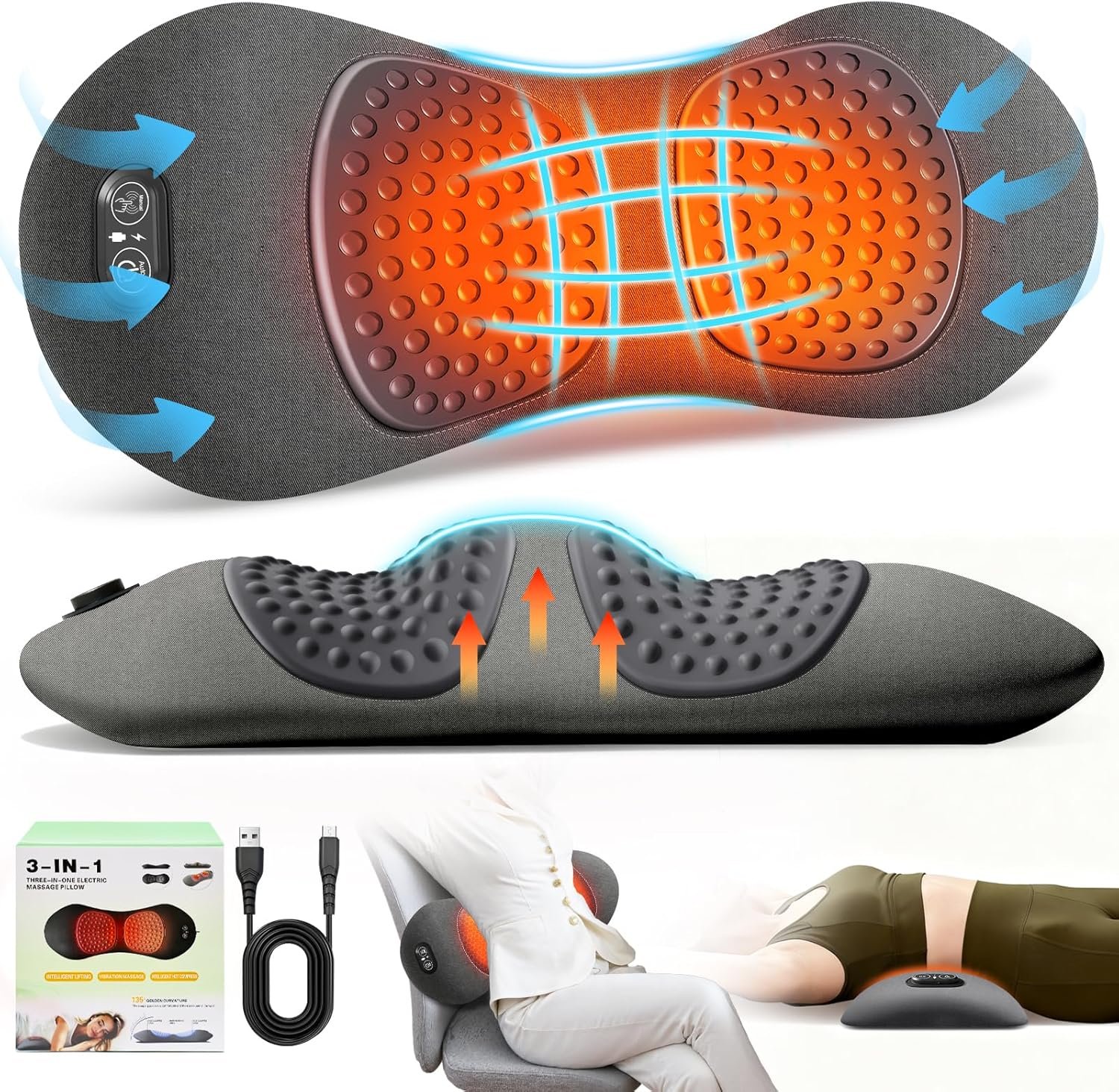 3-in-1 Electric Lumbar Support Pillow,Triple Fusion Back Massager with Heat,Vibration&Traction,Back Support Pillow for Bed and Chair,Lumbar Support Pillow for Lower Back Pain Relief&Spine Support-Gray