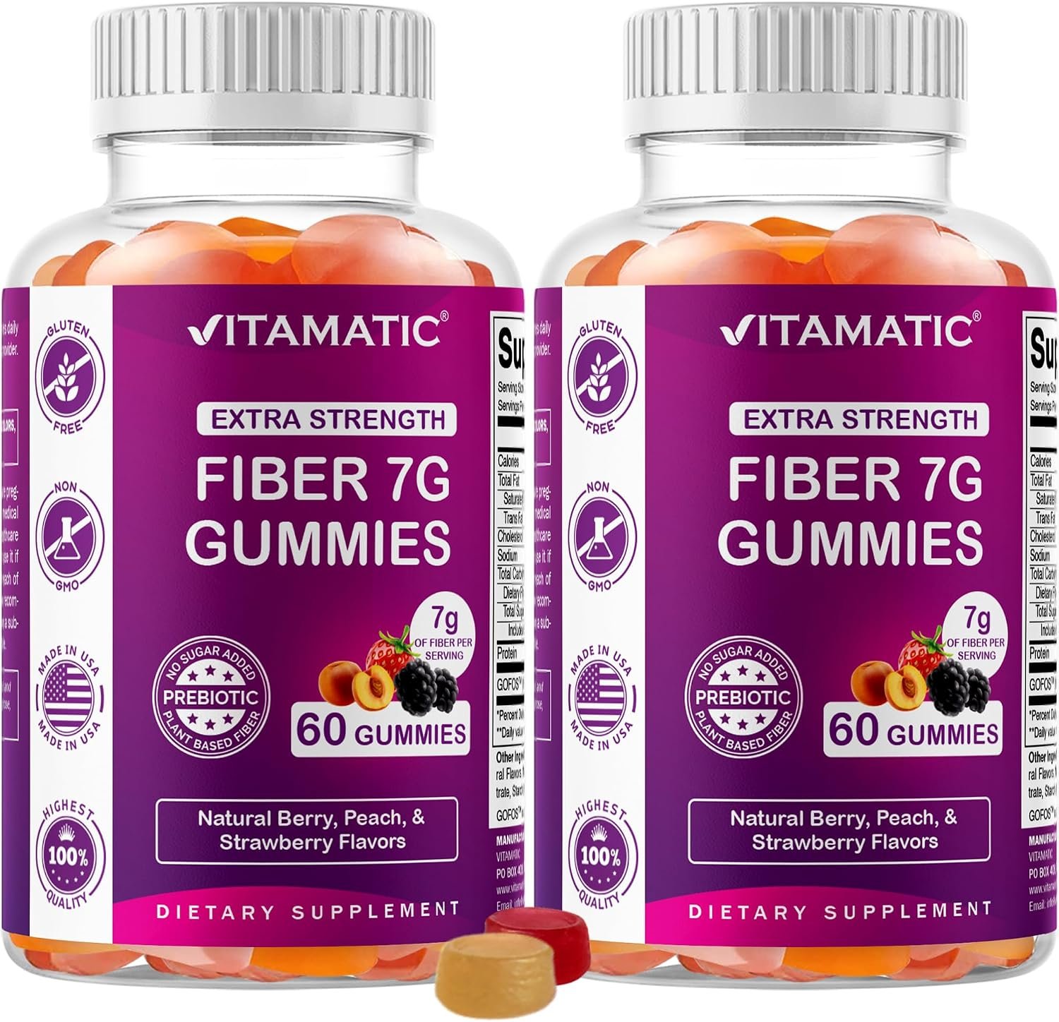 Vitamatic Prebiotic Fiber Gummies for Adults – 2 Pack (Total 120 Gummies) 7g Fiber per Serving | Extra Strength | Zero Sugar Added | Pectin-Based | Digestive Health & Regularity Support