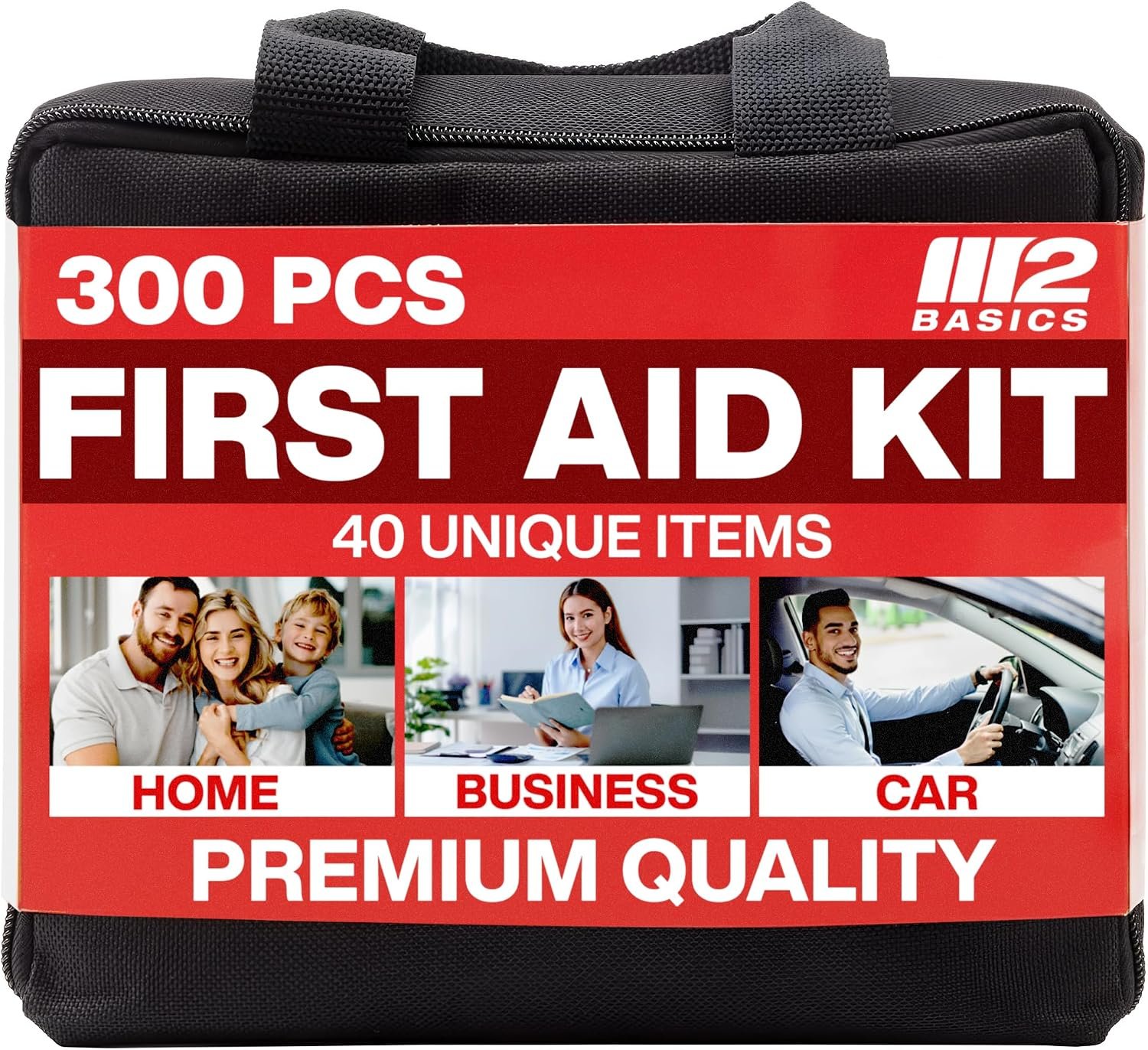 M2 BASICS 300 Piece Premium First Aid Kit w/Durable Bag for Home, Business | Office, Workplace, Car, Garage, Kitchen, Family, Classroom, Jobsite, Warehouse, School, Vehicle And Emergency Preparedness
