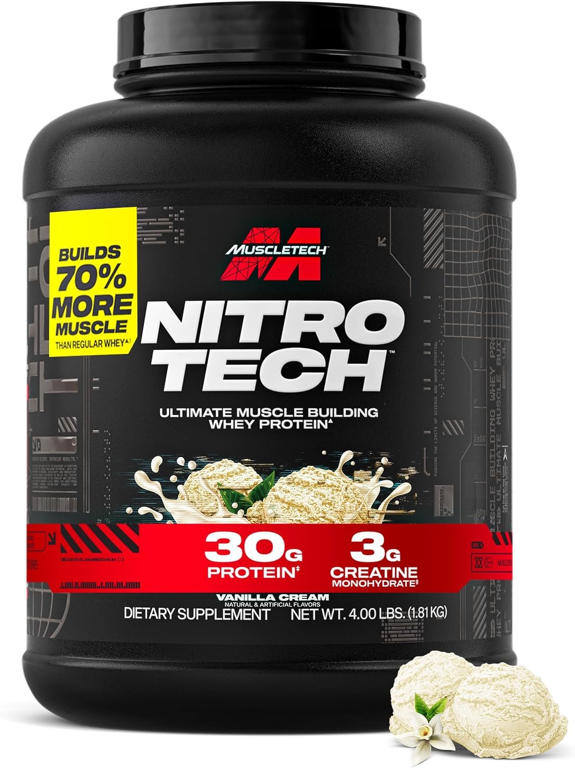 MuscleTech Whey Protein Powder (Vanilla Cream, 4LB) – 30g Protein | Nitro-Tech Ultimate Muscle Building Formula with Whey Protein Isolate – 3g of Creatine & 6.8g of BCAA – Packaging May Vary