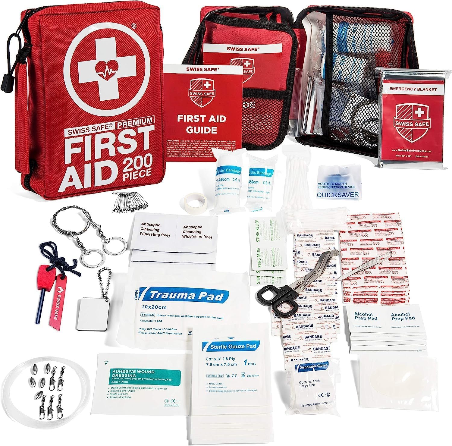 Swiss Safe 2-in-1 First Aid Kit for Car, Travel & Home, Businesses – Bonus Mini Kit for Medical Emergency Aid, Survival, Camping – 200 Pcs, Medium FAK