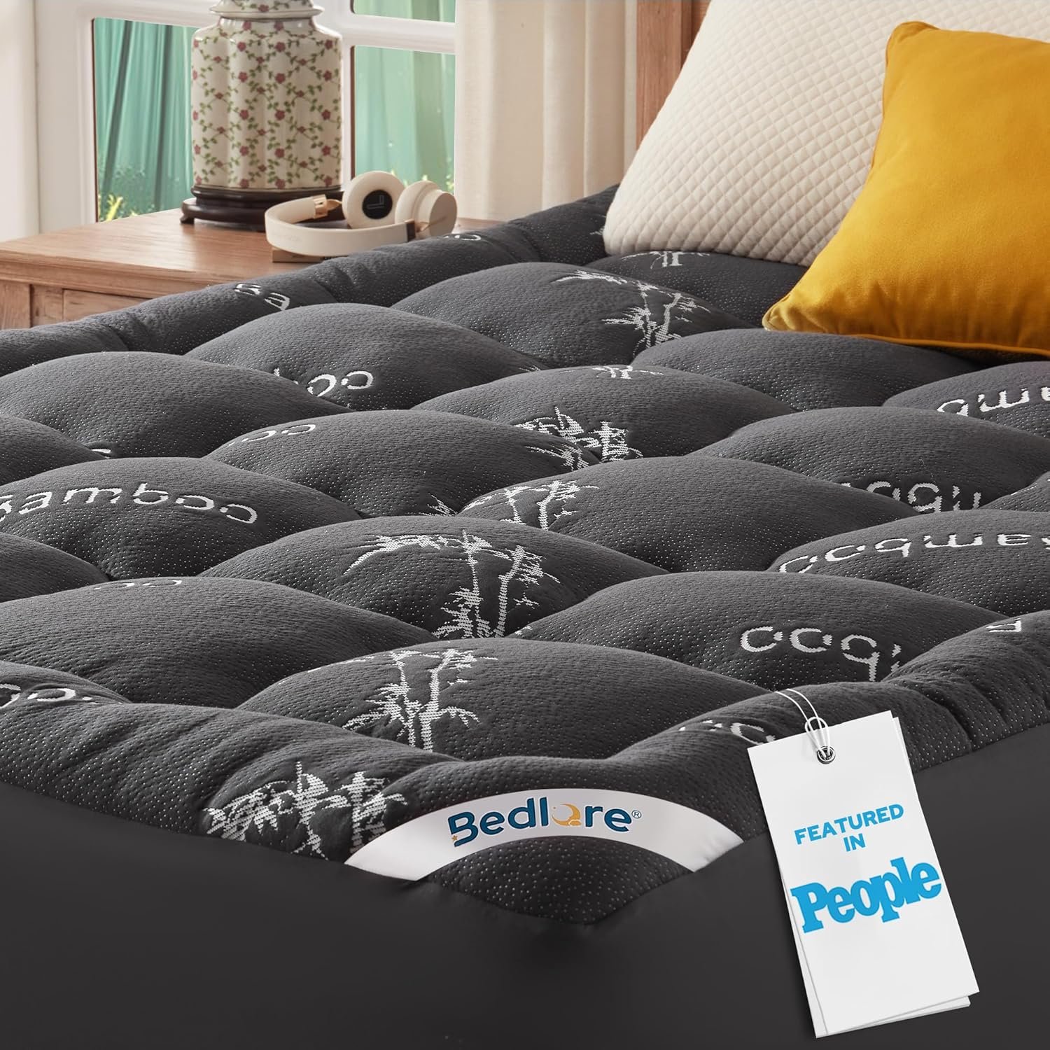 BEDLORE Full Size Mattress Topper Viscose Bamboo, Pillow Top Mattress Pad | Stretchable Pockets Fit 6″-15″ Mattress, Soft Breathable Thick Mattress Topper for Back Pain Relief & Hot Sleepers(Dark Gray)