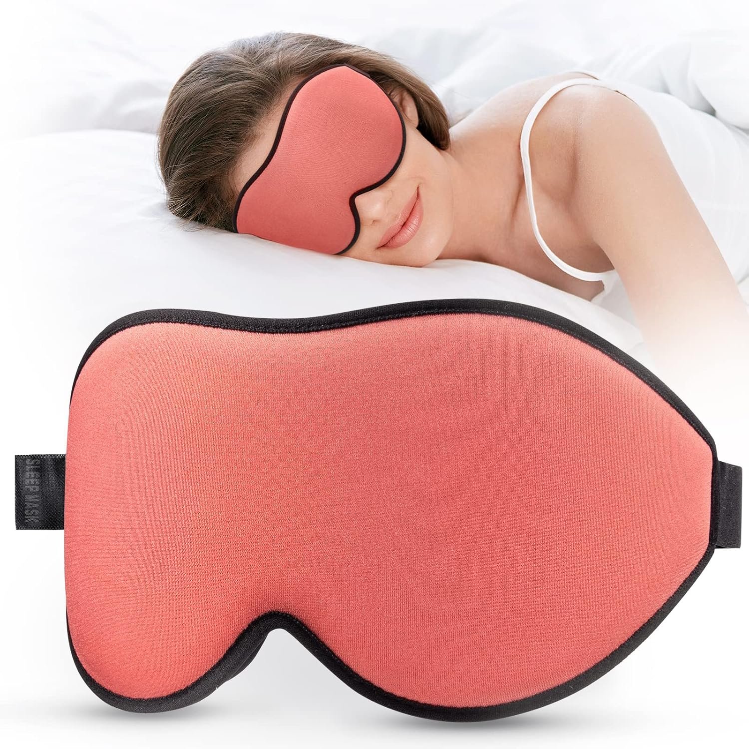 LitBear Sleep Mask for Side Sleeper Women Men, Eye Mask for Sleeping | Light Blocking 3D Contoured Sleeping Mask, Soft Breathable Sleep Eye Mask with Adjustable Elastic Strap for Travel, Coral Red