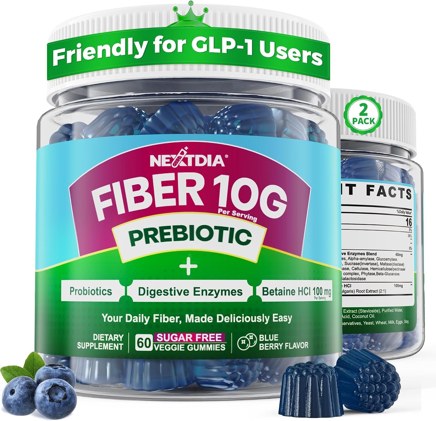 Fiber Gummies for Adults, GLP-1 Friendly 10g Prebiotic Fiber Gummies,120Cts | Fiber Supplement + Enzymes, Probiotics & Betaine for Digestive & Gut Health and Regulate Bowel Movement, Vegan, Sugar Free