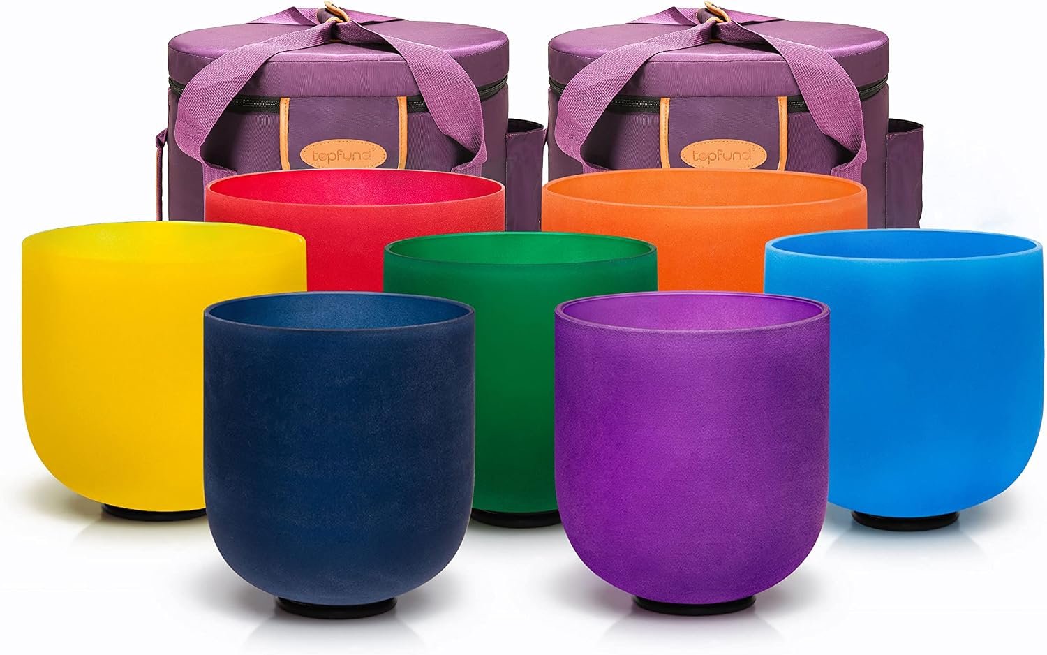 TOPFUND Chakra Set of 7 Color Crystal Singing Bowls 6-10 inch with Heavy Duty Carrying Cases and Singing Bowl Mallets