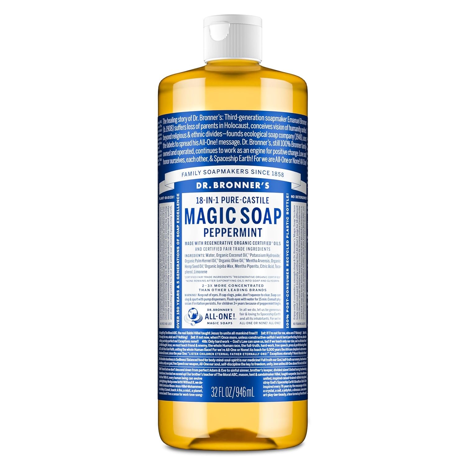Dr. Bronner’s Peppermint Pure-Castile Liquid Soap, Hand Soap, 32 oz | 18-in-1 Uses: Body Wash & Hand Soap for Men and Women, Shampoo, Face, Laundry, Floors, Cars, Pets – Fair Trade & Organic Oils