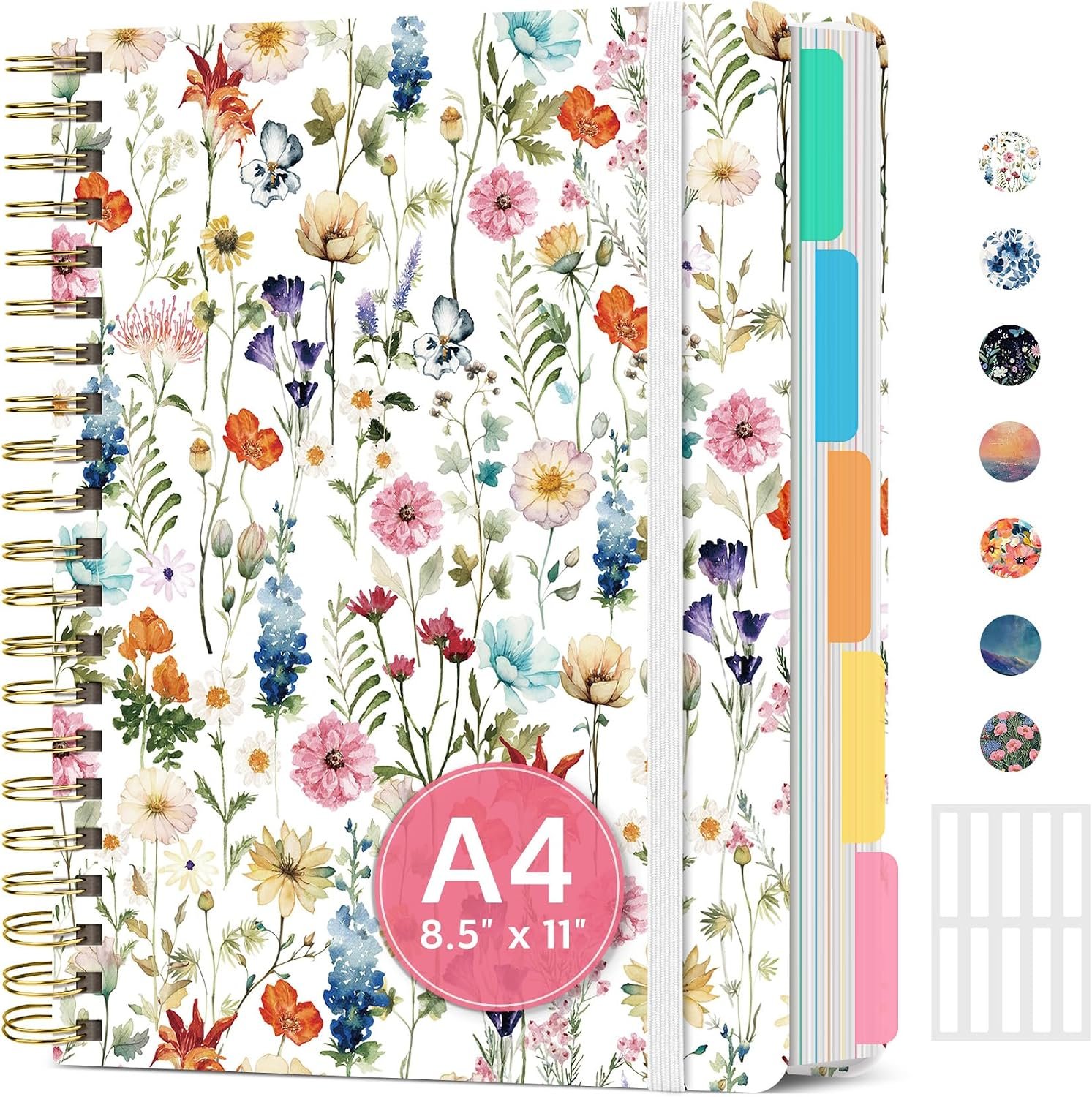 Large Spiral Notebooks for Work 5 Subject with Removable Dividers | 8.5″ x 11″ Pretty Hardcover Notebook Journal for Women, College Ruled, Perfect for Study & Office , 280 Pages, Wildflowers
